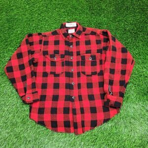 Vintage 50s Melton Wool Button Shirt Large 22x27 Buffalo-Plaid